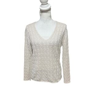 WHITE LABEL The White Company Linen Cable Knit V Neck Sweater Cream Beige 10